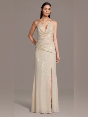 GALINA SIGNATURE
Cowl Neck Halter Draped Sequin Sheath Dress